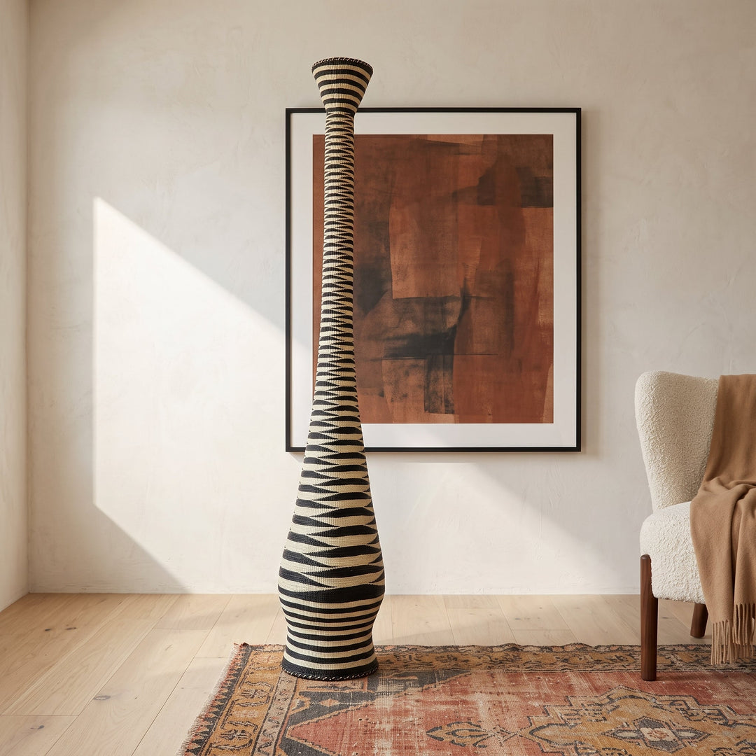 Black and cream ripple tower basket styled in a modern living room