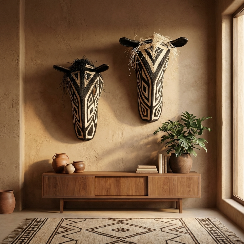 Grande riverstripe horse mask displayed on modern tribal living room wall as decorative art