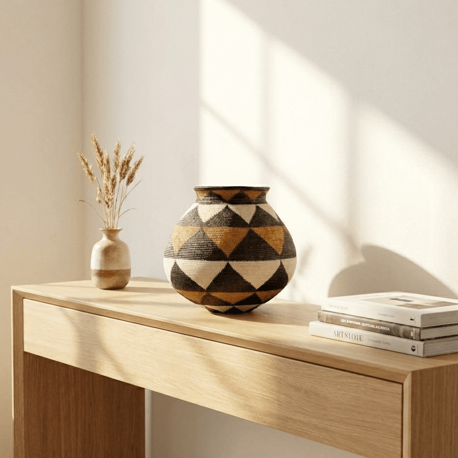 decorative basket triangle pattern displayed modern tropical living room setting