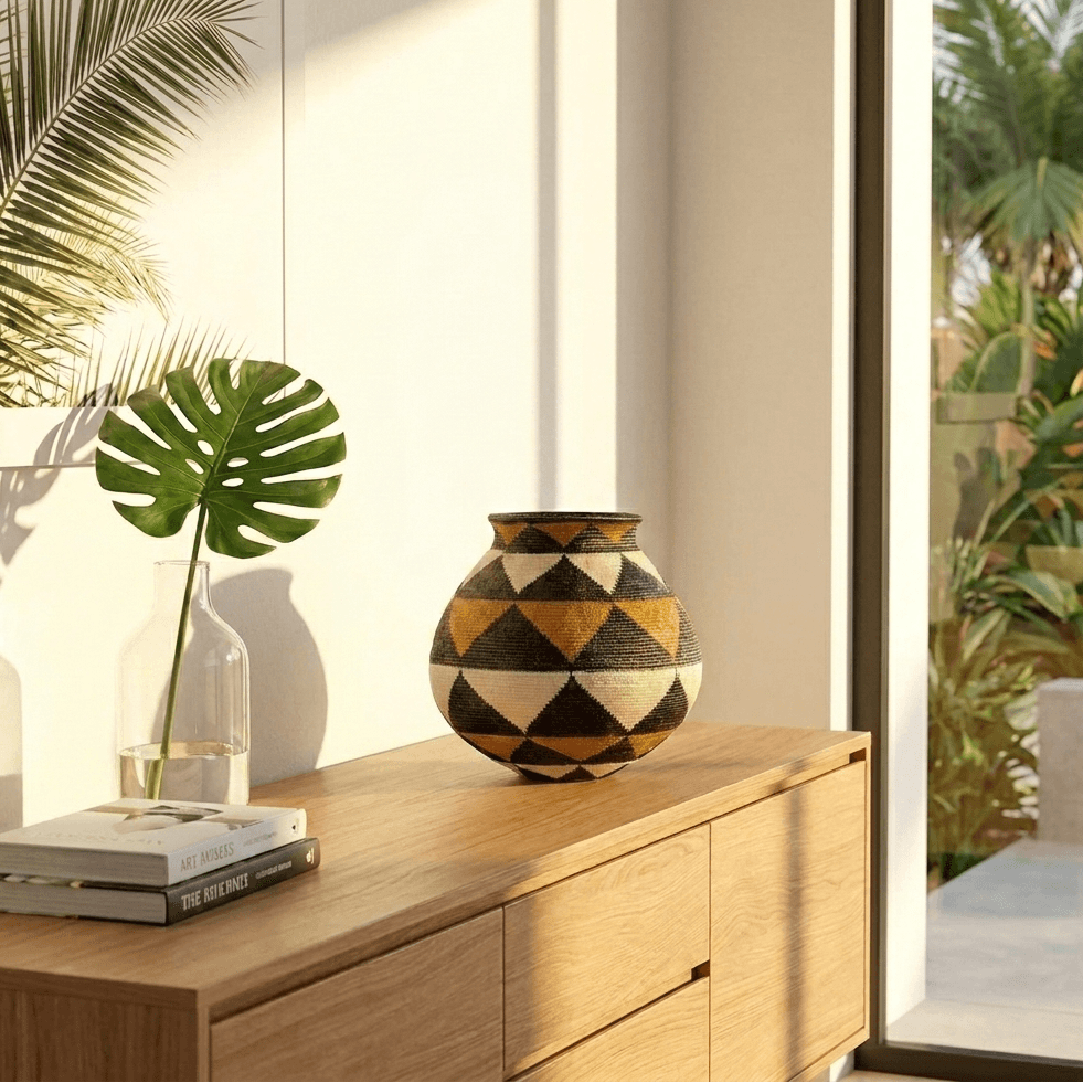 decorative basket triangle pattern displayed modern living room setting
