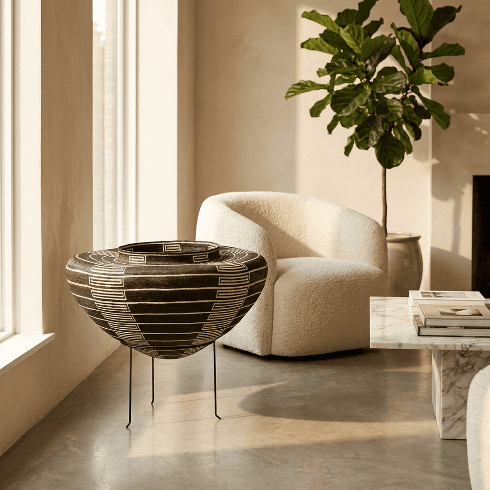 Modern black white Wounaan decorative basket displayed as accent decor art in contemporary living room