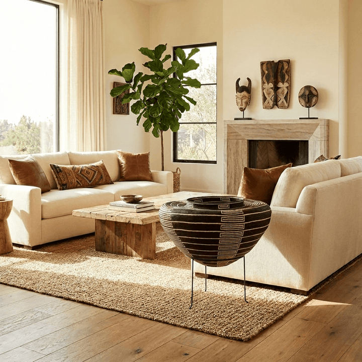 Modern black white Wounaan decorative basket displayed as accent decor art in modern tribal living room