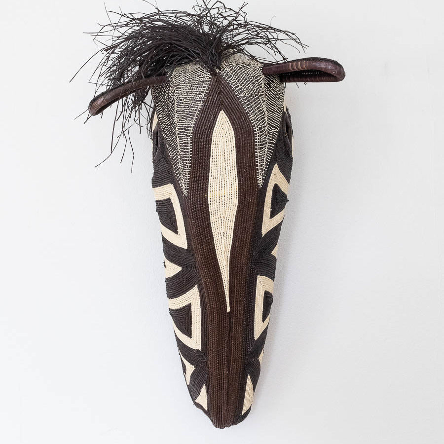 Large Black & White Horse mask, a handwoven Embera chunga-palm mask from Panama, alternate view