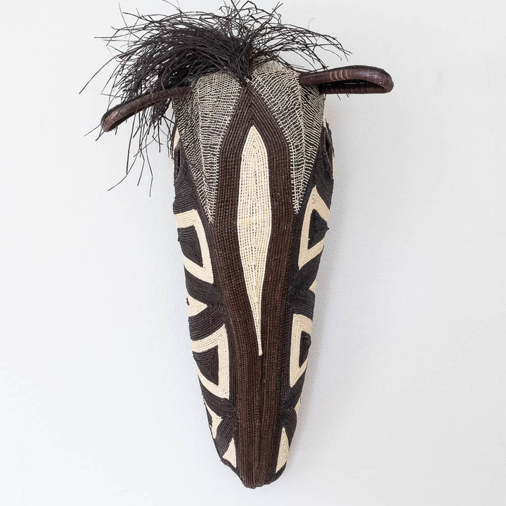 Large Black & White Horse mask, a handwoven Embera chunga-palm mask from Panama, alternate view