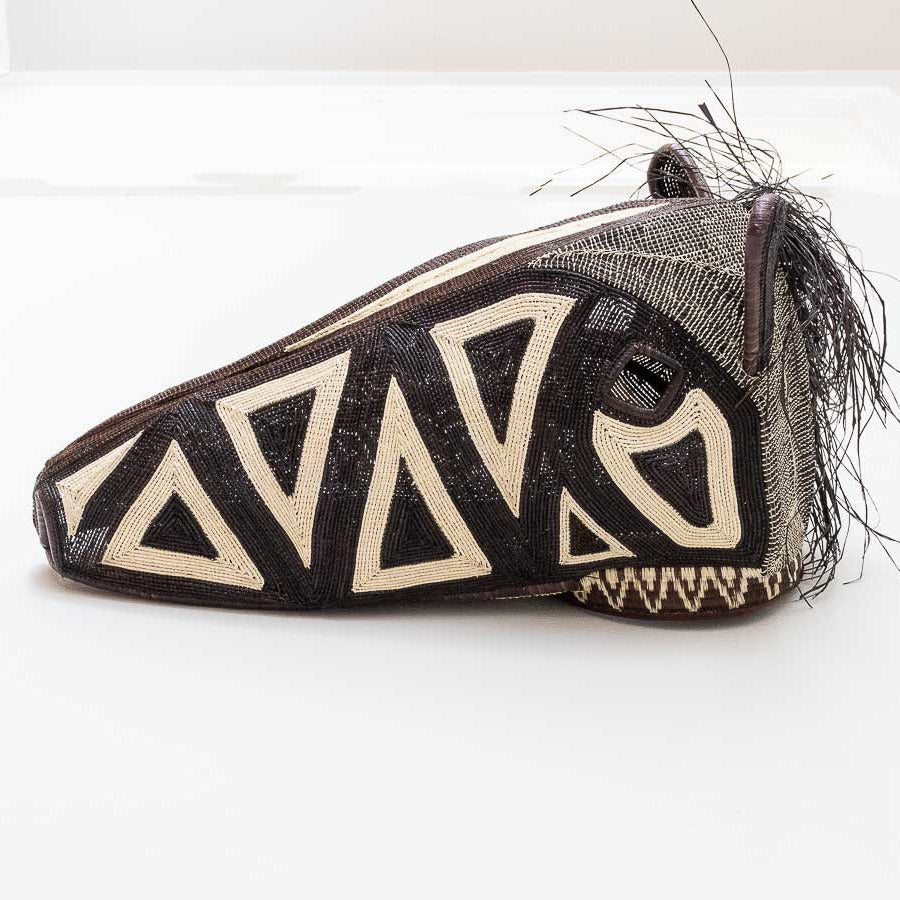 Large Black & White Horse mask, a handwoven Embera chunga-palm mask from Panama, alternate view
