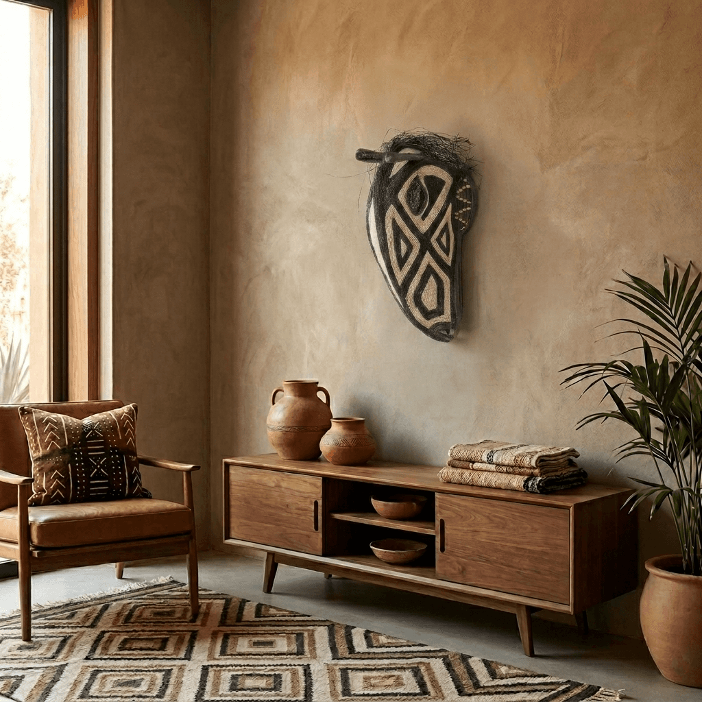 Embera horse mask displayed on modern living room wall as indigenous art centerpiece