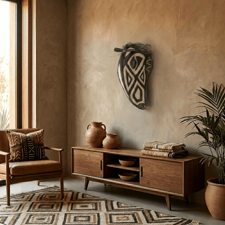 Embera horse mask displayed on modern living room wall as indigenous art centerpiece