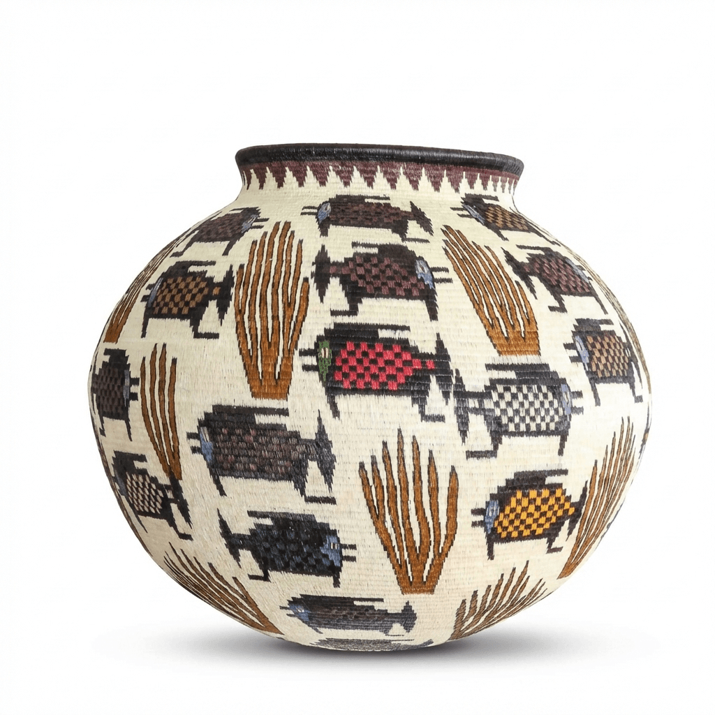 Large decorative Wounaan basket with dotted fish pattern in coral tones handwoven from werregue palm Panama