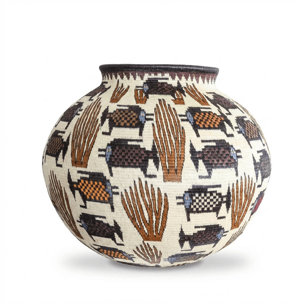 Large decorative Wounaan basket with dotted fish pattern in coral tones handwoven from werregue palm Panama
