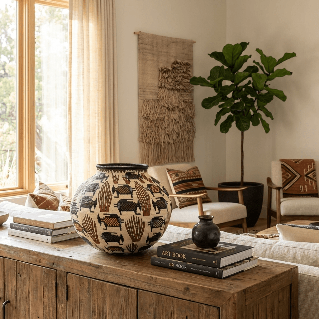 Woven basket wall decor featuring coral fish design displayed in modern contemporary interior setting