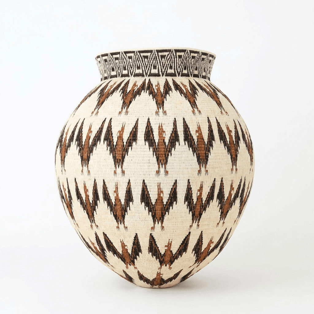 Large decorative Wounaan basket with intricate eblinas bat motifs in werregue palm from Panama Darién