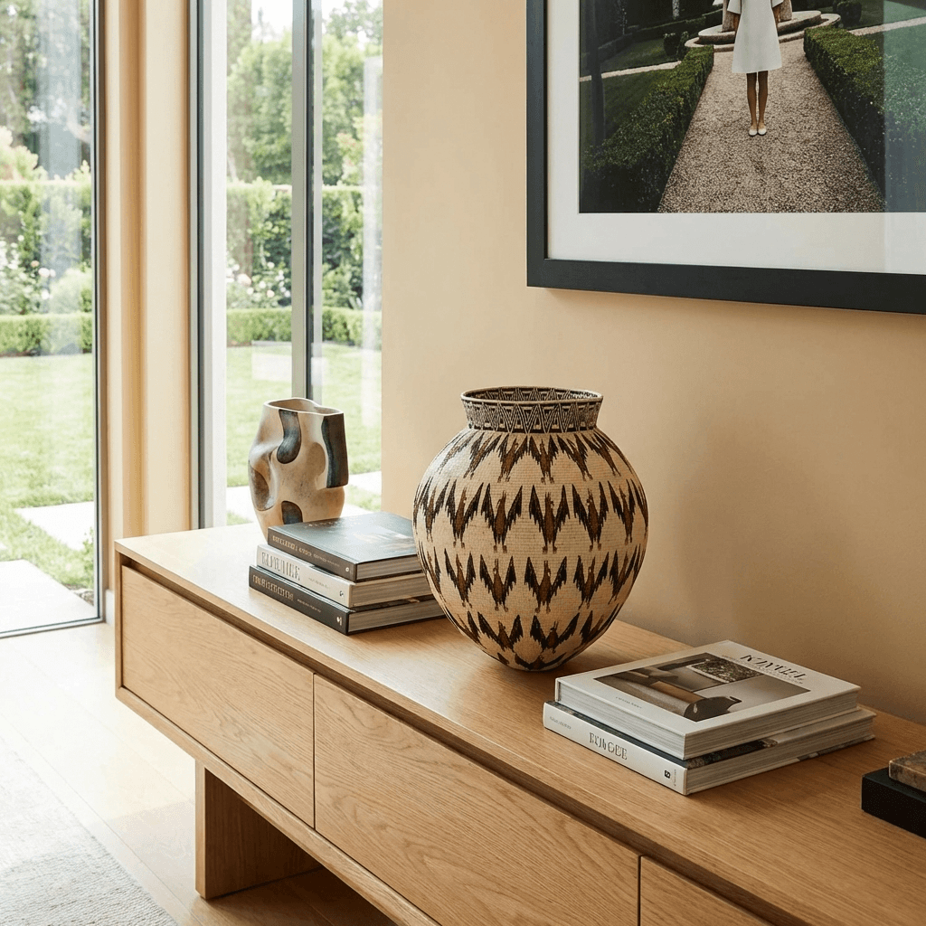 Wounaan eblinas bats basket displayed as boho consoledecor in modern interior setting