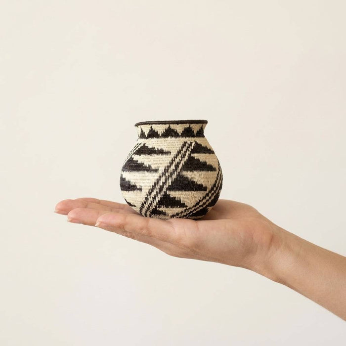 Black Lined Mini Feather Basket - Handmade Panama Art