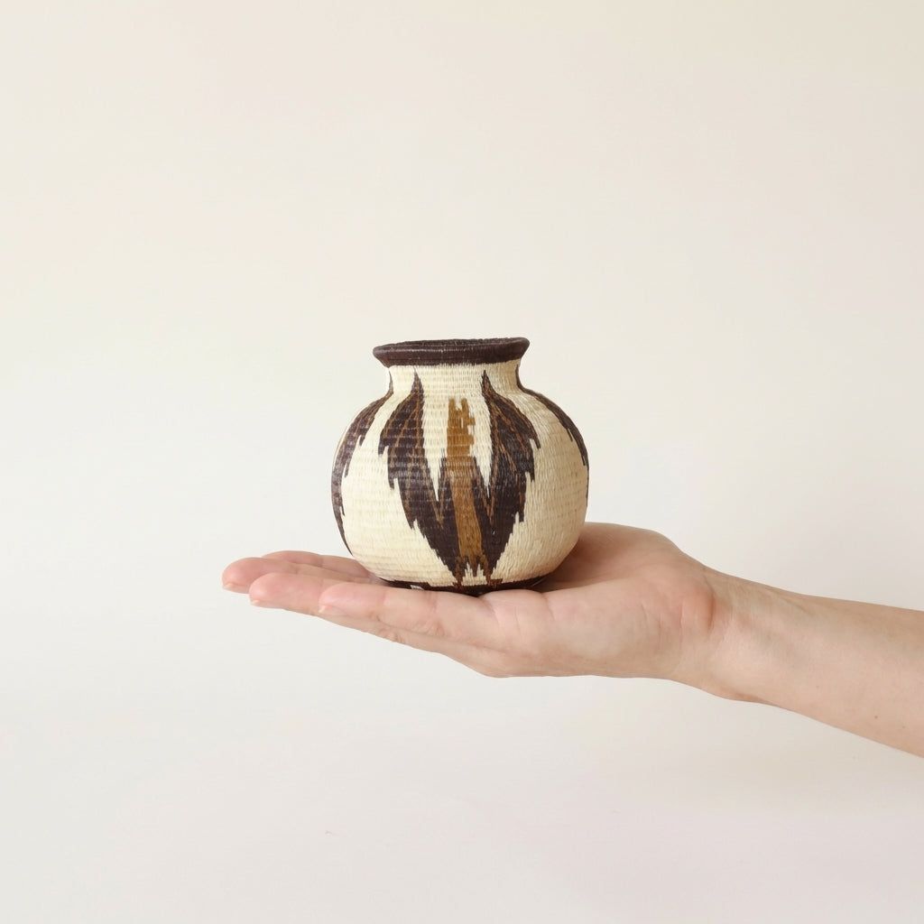 Mini handmade basket with nightwing bats design by Wounaan artisans from Panama Darién rainforest