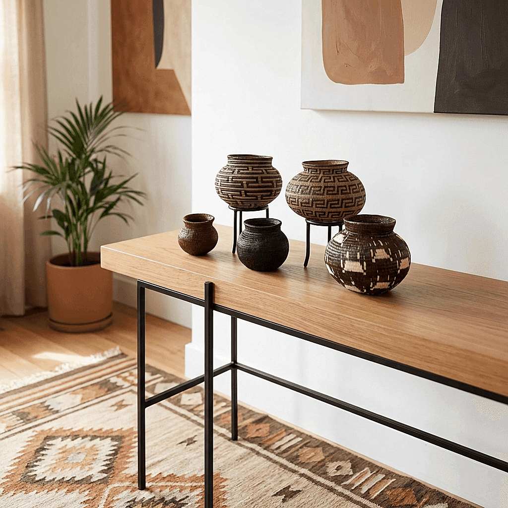 Earth resonance mini basket displayed on modern table with plants in modern contemporary interior