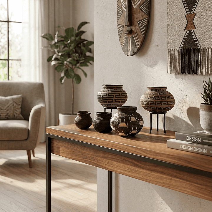 Earth resonance mini basket displayed on modern table with plants in modern tribal interior