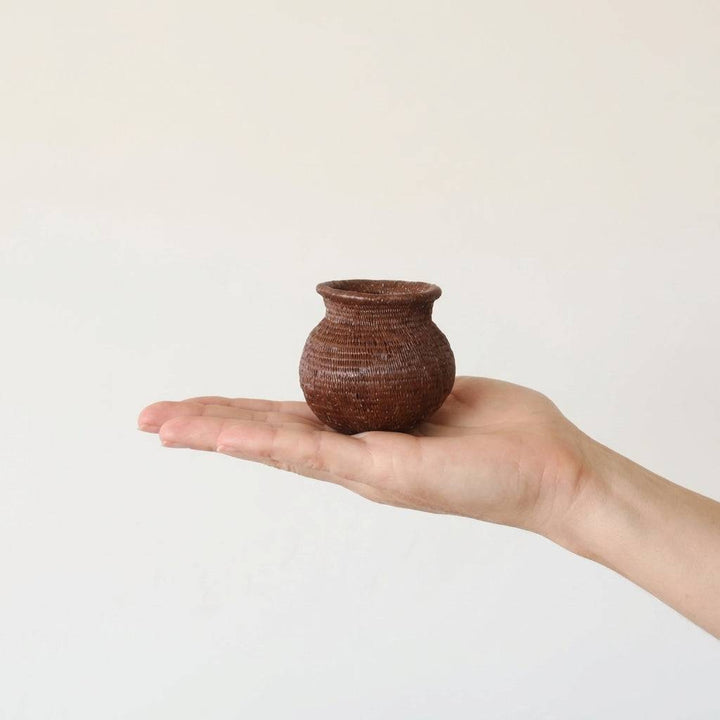 Small handwoven palm fiber basket with natural earth-tone patterns by indigenous artisans