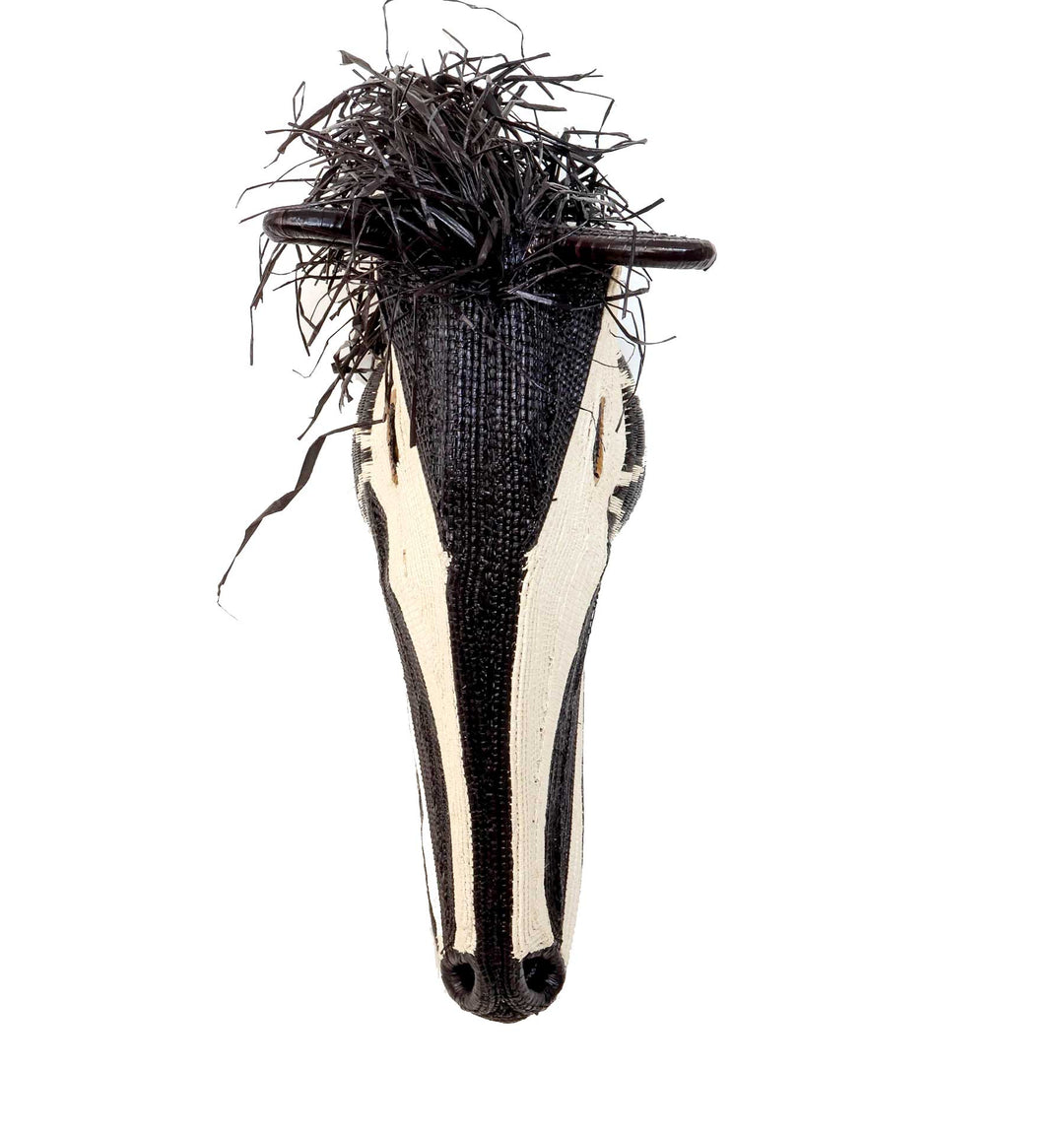 front of Embera horse mask showing three-dimensional palm fiber weaving structure