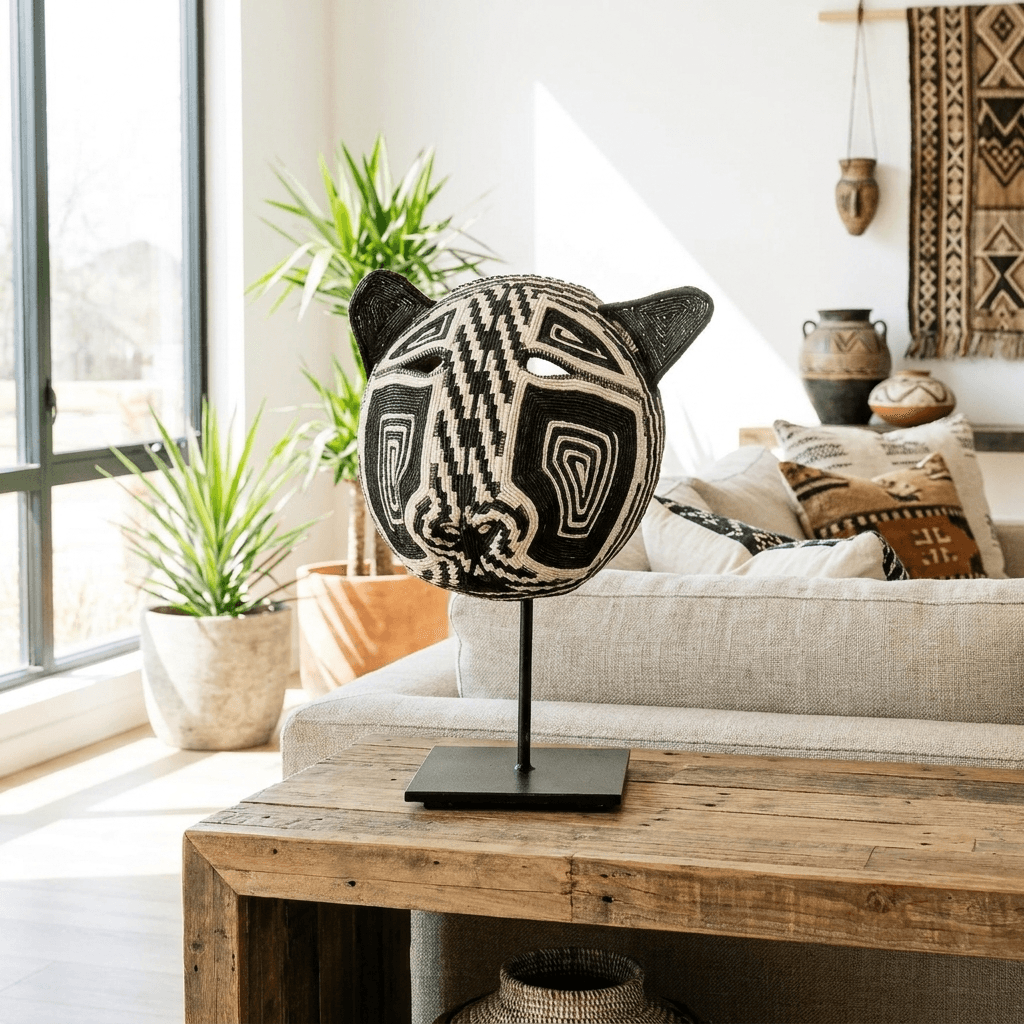 Embera mask displayed on modern console as sophisticated tribal art decor in contemporary interior