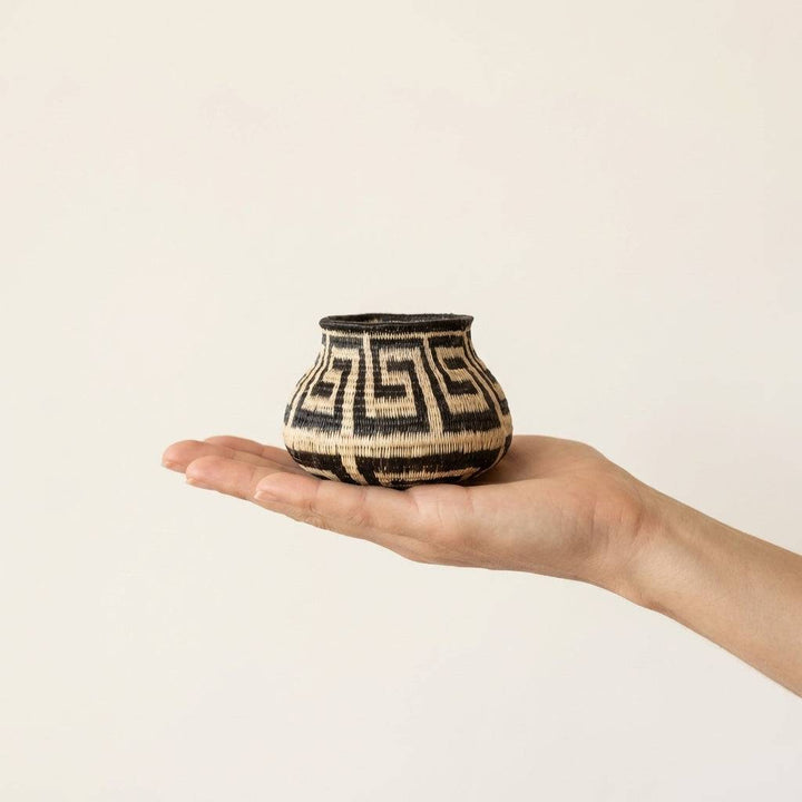 Small handwoven palm fiber basket with intricate floral crest design by indigenous artisans