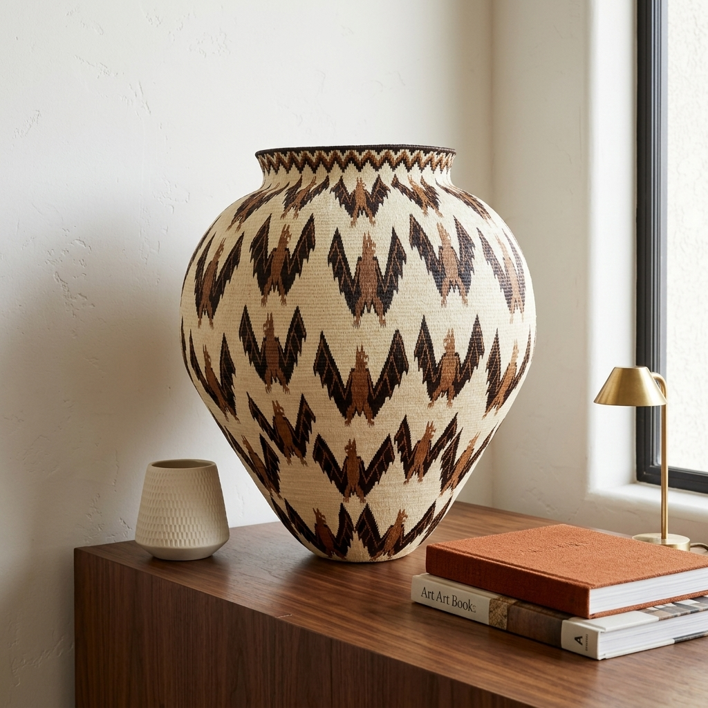 Bats Wounaan basket staged on a walnut console