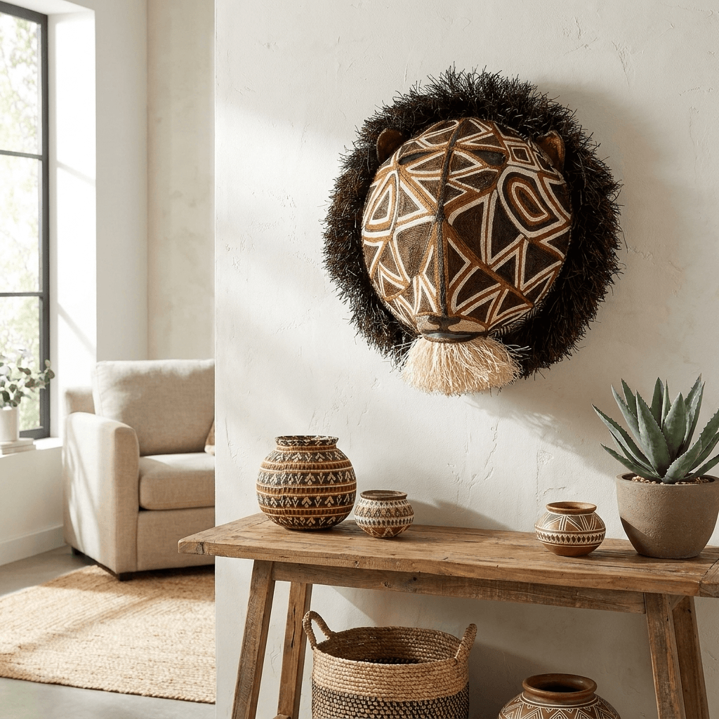 Geometric Cat Mask styled in a modern tribal living interior