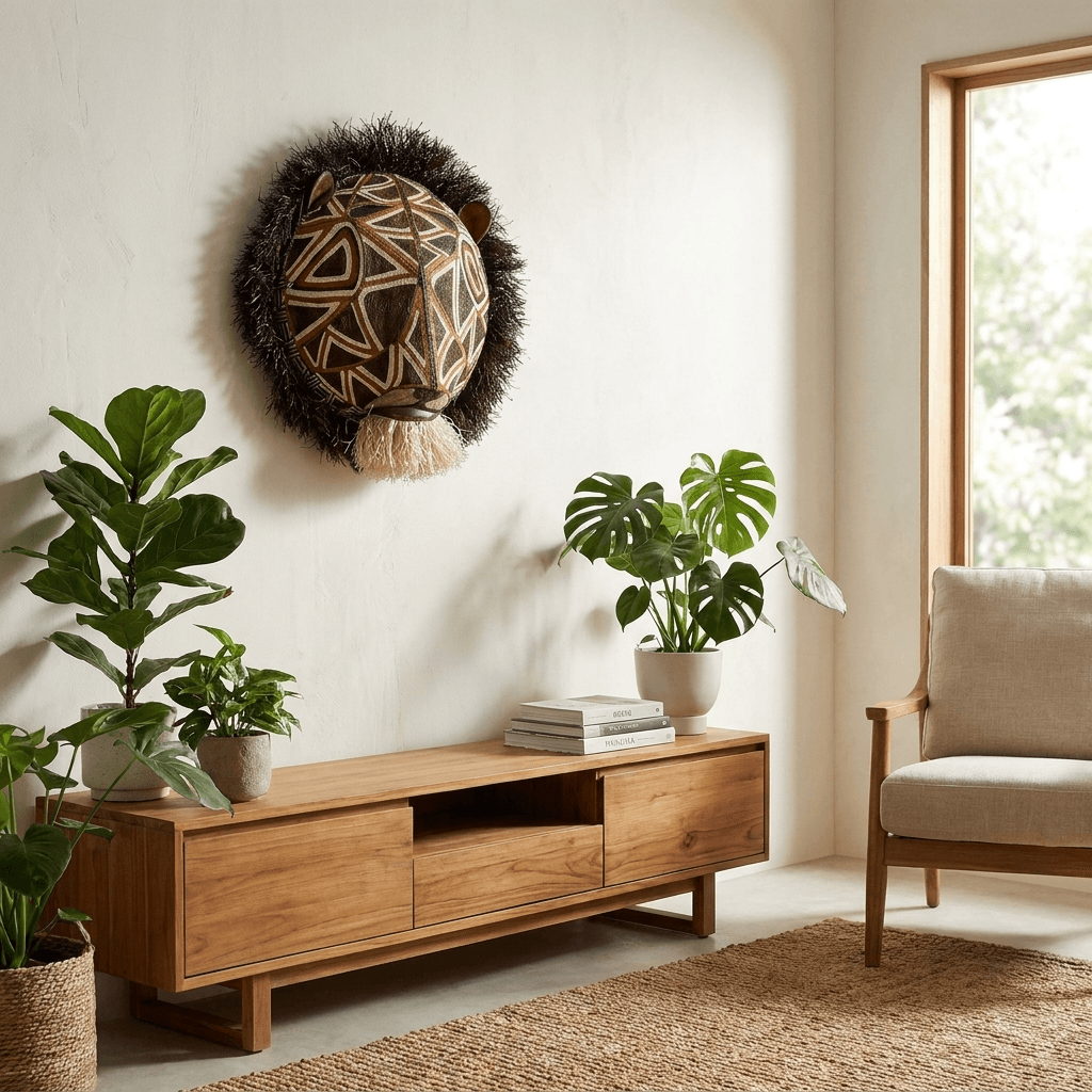Geometric Cat Mask styled in a modern tropical living interior