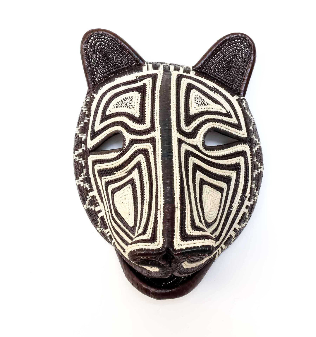 Front view of Midnight Labyrinth Cat Mask, Embera woven art
