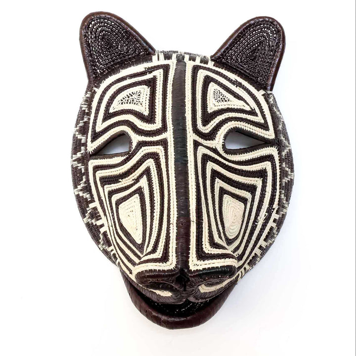 Front view of Midnight Labyrinth Cat Mask, Embera woven art