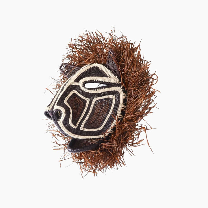 Side view showing sculptural form and woven fringe detail of Emberá mask