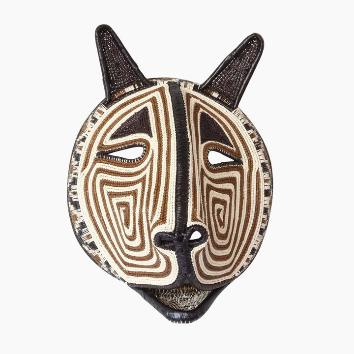 Handwoven sacred cat ceremonial mask with whisker details by Embera artisans from Panama's Darién rainforest