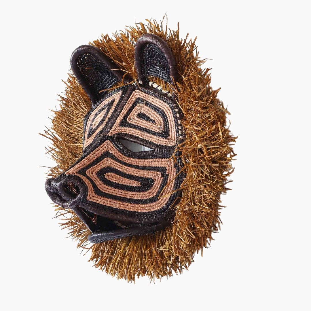 Golden Mane Cat Mask, side angle showing golden shredded palm mane