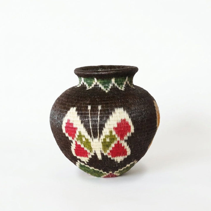 Handwoven Wounaan basket from Panama, ivory butterfly with crimson and olive spots on dark cacao-brown weave