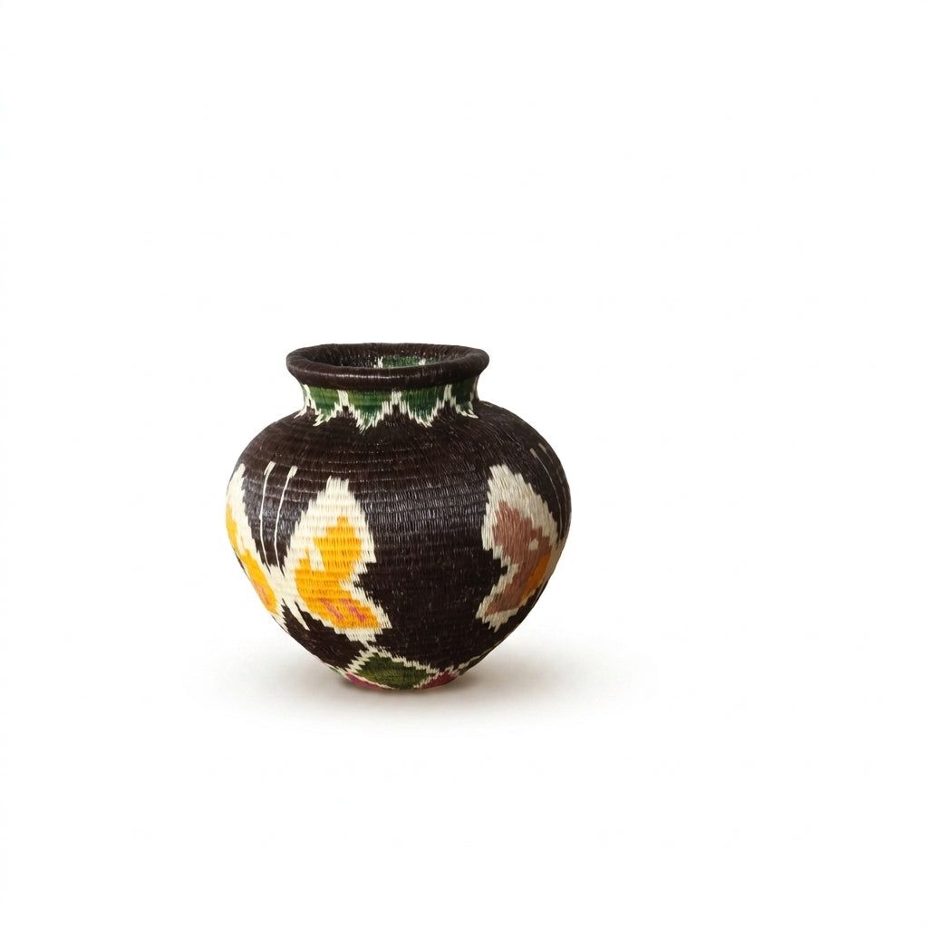 Side view of dark brown handwoven Wounaan basket showing marigold-orange and taupe butterfly motifs