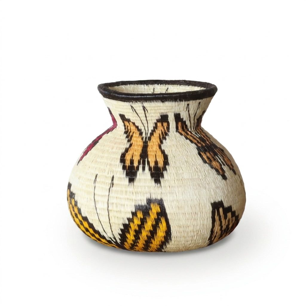 Handwoven Wounaan basket showing amber monarch butterflies and gold-black banded wings on ivory weave