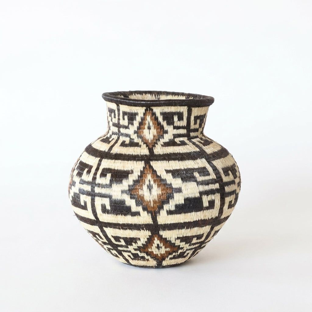 Close view of handwoven Wounaan basket showing labyrinth weave and cinnamon diamond column on ivory ground