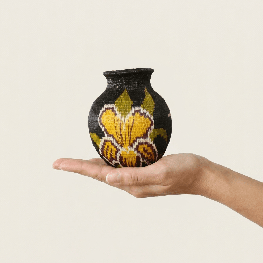 Golden orchid handwoven Wounaan basket held in hand showing miniature scale, about 3 inches wide