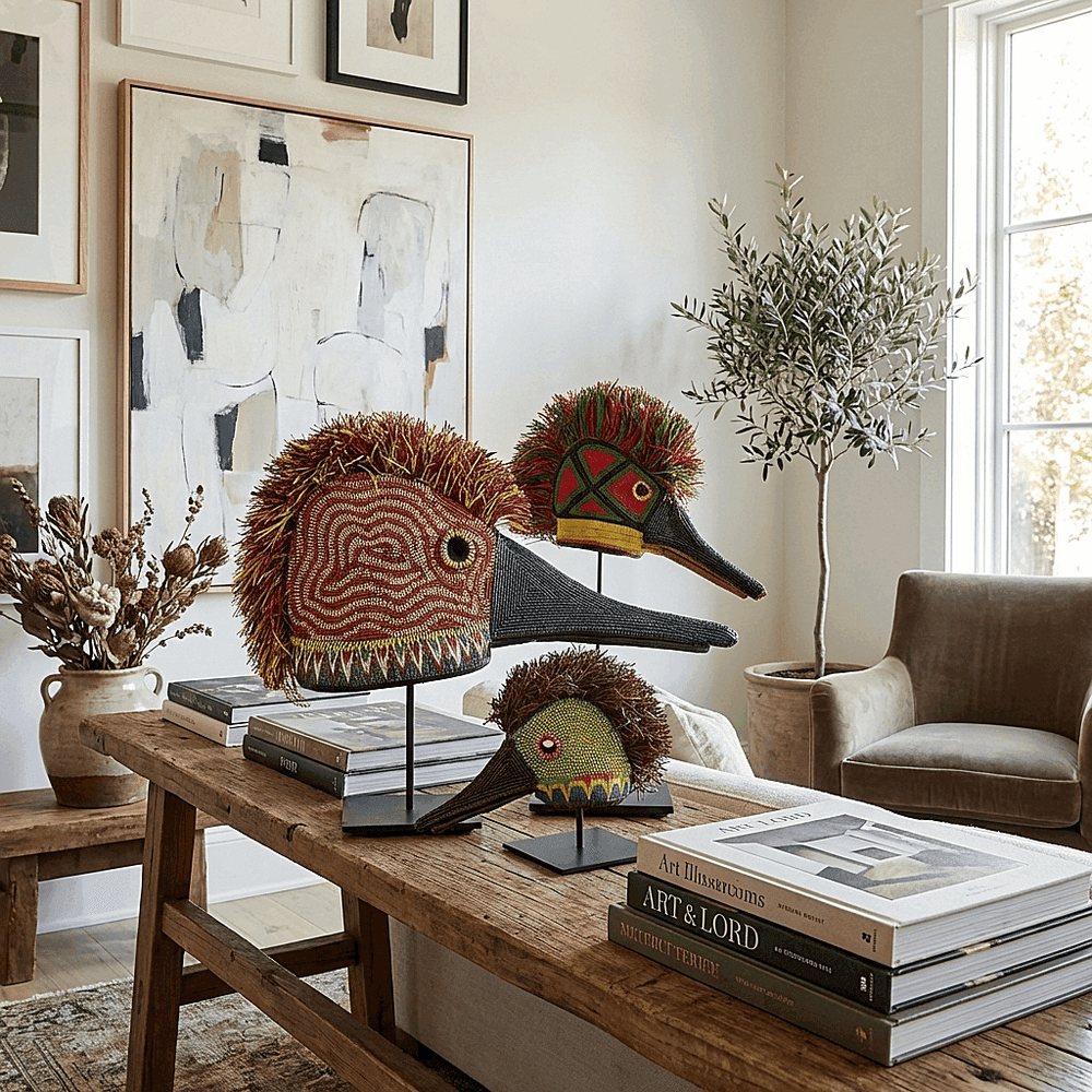 hummingbird masks displayed on modern shelf with tropical plants in boho interior