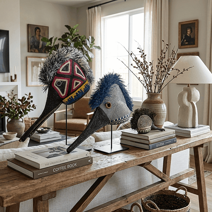 hummingbird ceremonial mask displayed as indigenous wall art in modern interior setting