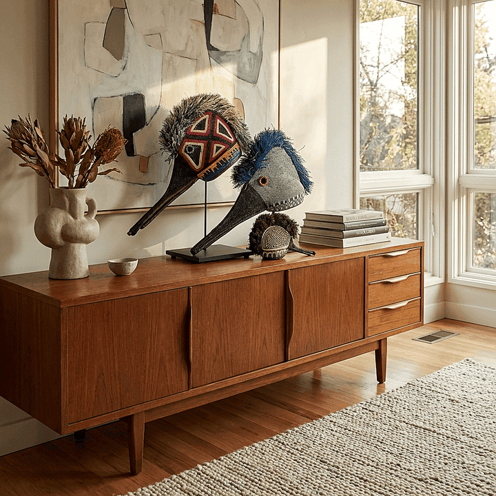 hummingbird ceremonial mask displayed as indigenous wall art in modern interior setting