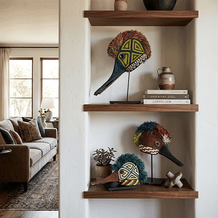 Ceremonial hummingbird mask displayed on modern wall as indigenous art decor in contemporary interior