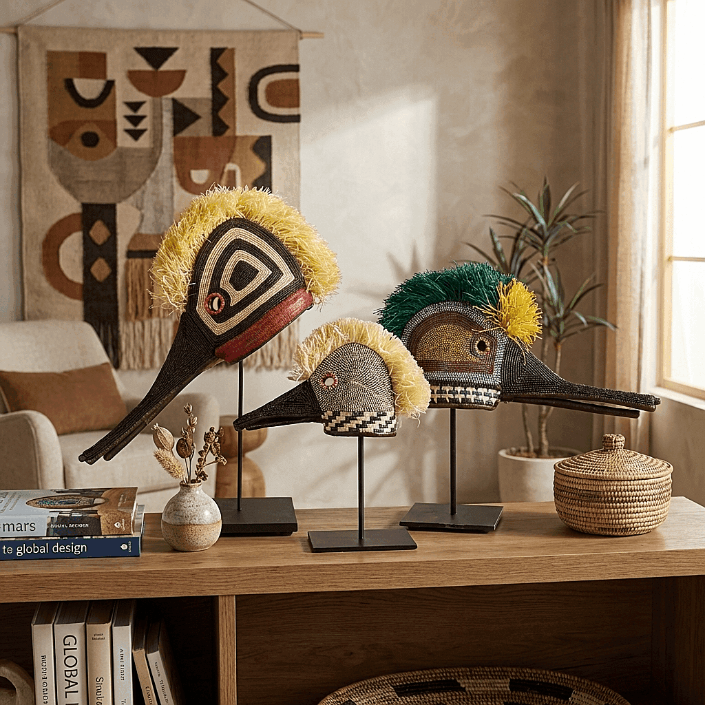 Embera hummingbird ceremonial mask displayed on modern console with ethnic decor collection