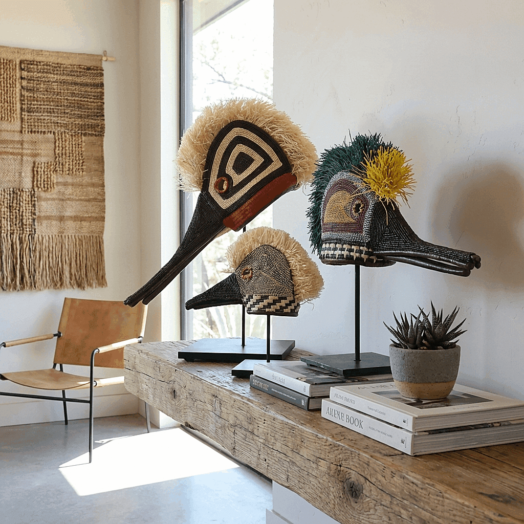 Embera hummingbird ceremonial mask displayed on modern console with ethnic decor collection