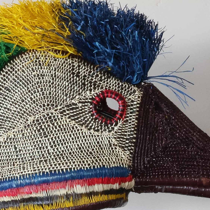 Close-up chunga palm fiber weaving detail showing rainbow feather patterns on Embera hummingbird mask