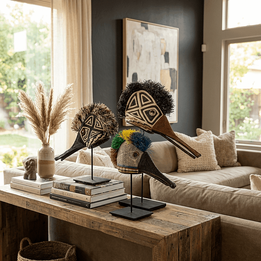 Rainbow hummingbird ceremonial mask displayed on modern console as indigenous art decor