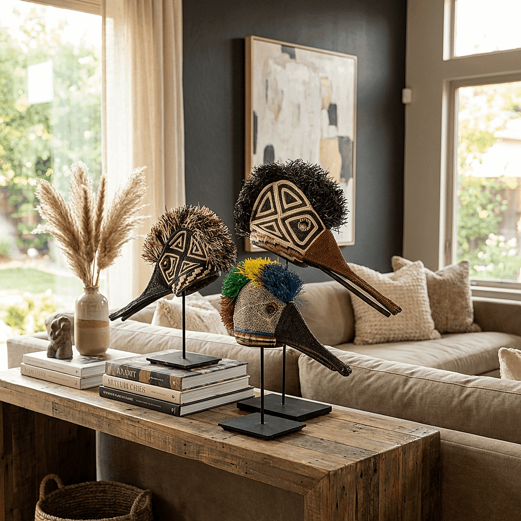 Rainbow hummingbird ceremonial mask displayed on modern console as indigenous art decor
