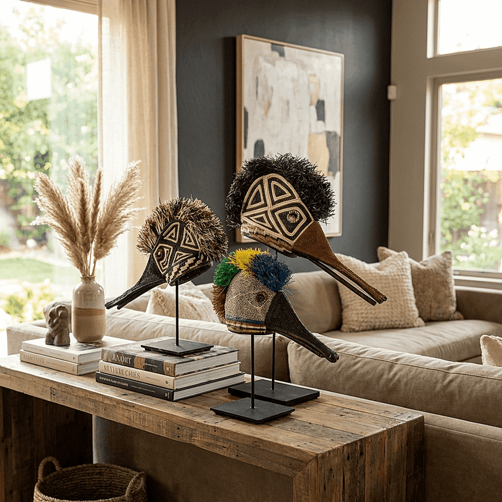 Rainbow hummingbird ceremonial mask displayed on modern console as indigenous art decor