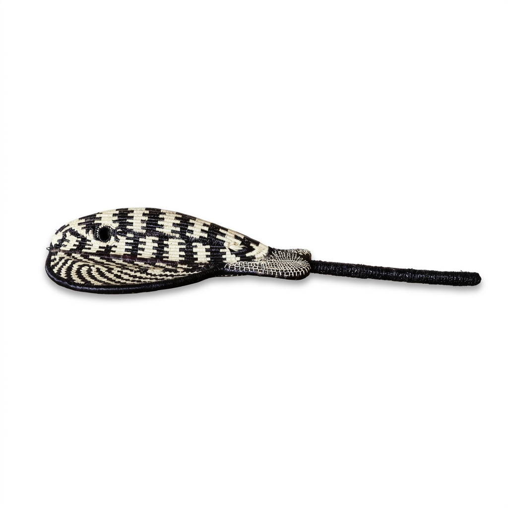 Handwoven Emberá stingray mask in black and ivory with a long tail, from Panama