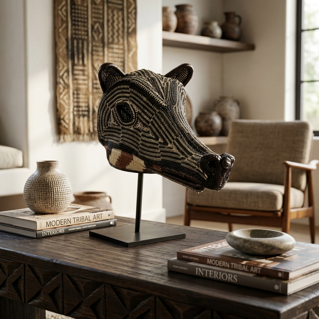Emberá anteater mask styled as wall art in a room setting