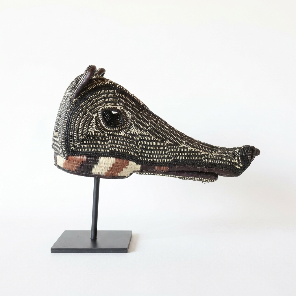 Handwoven Emberá anteater mask with a long snout and dark maze-pattern weave, from Panama